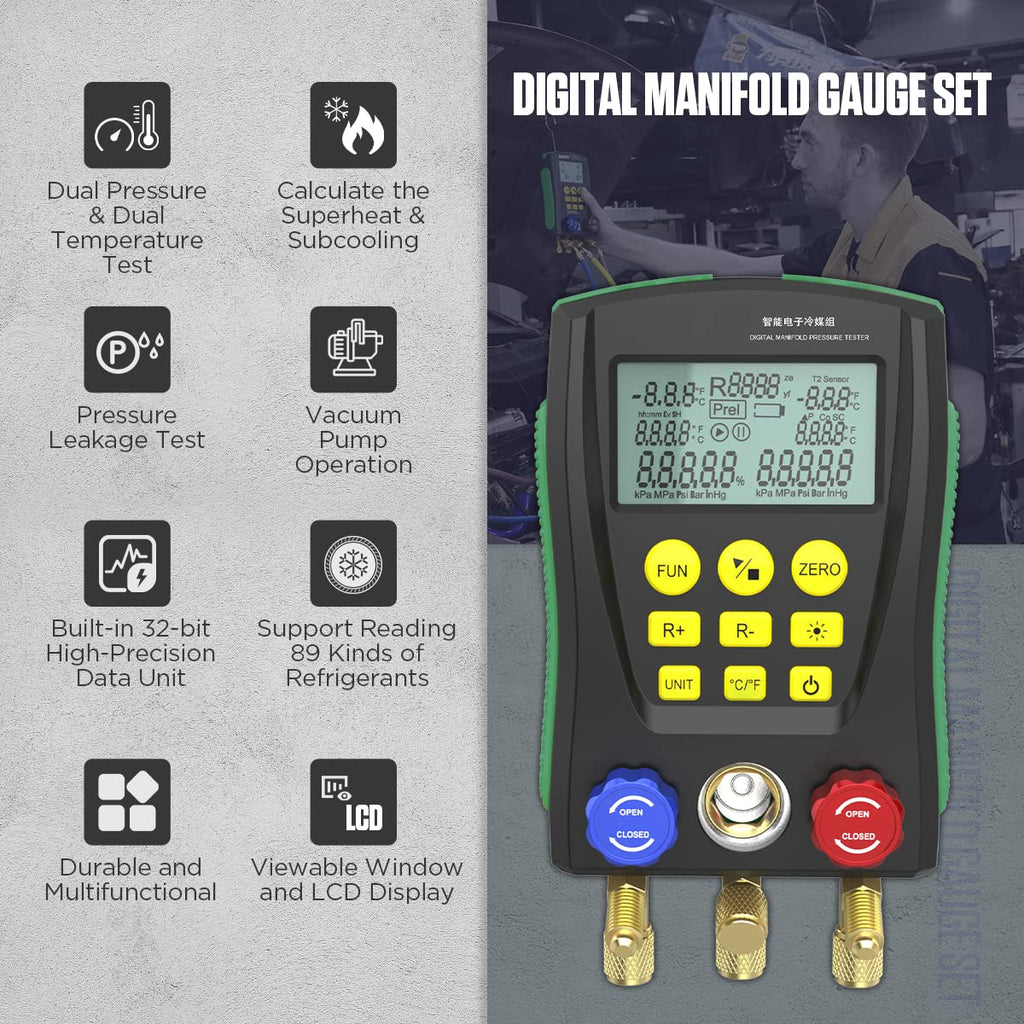 Dual-Port Manometer Gas Pressure Tester Air Pressure Meter Digital Manifold Gauge Set with Hoses N8157