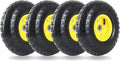 (4 Pack) 4.10/3.50-4 All Purpose Utility Air Tires with Yellow Wheel, 10 Inner Tube, 5/8 Axle Bore Hole, 1 3/4 Offset Hub, Double Sealed Bearings U10574