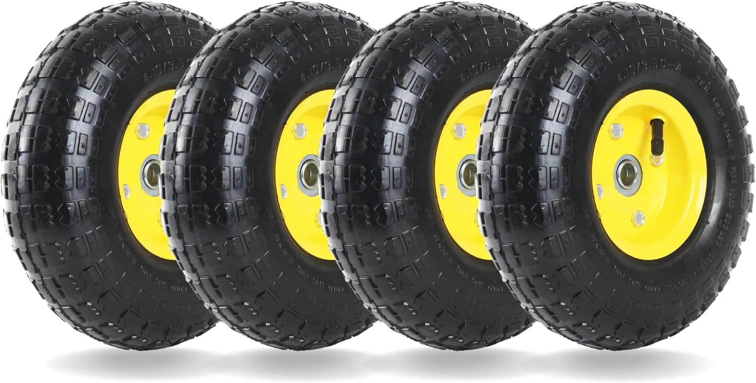 (4 Pack) 4.10/3.50-4 All Purpose Utility Air Tires with Yellow Wheel, 10 Inner Tube, 5/8 Axle Bore Hole, 1 3/4 Offset Hub, Double Sealed Bearings U10574