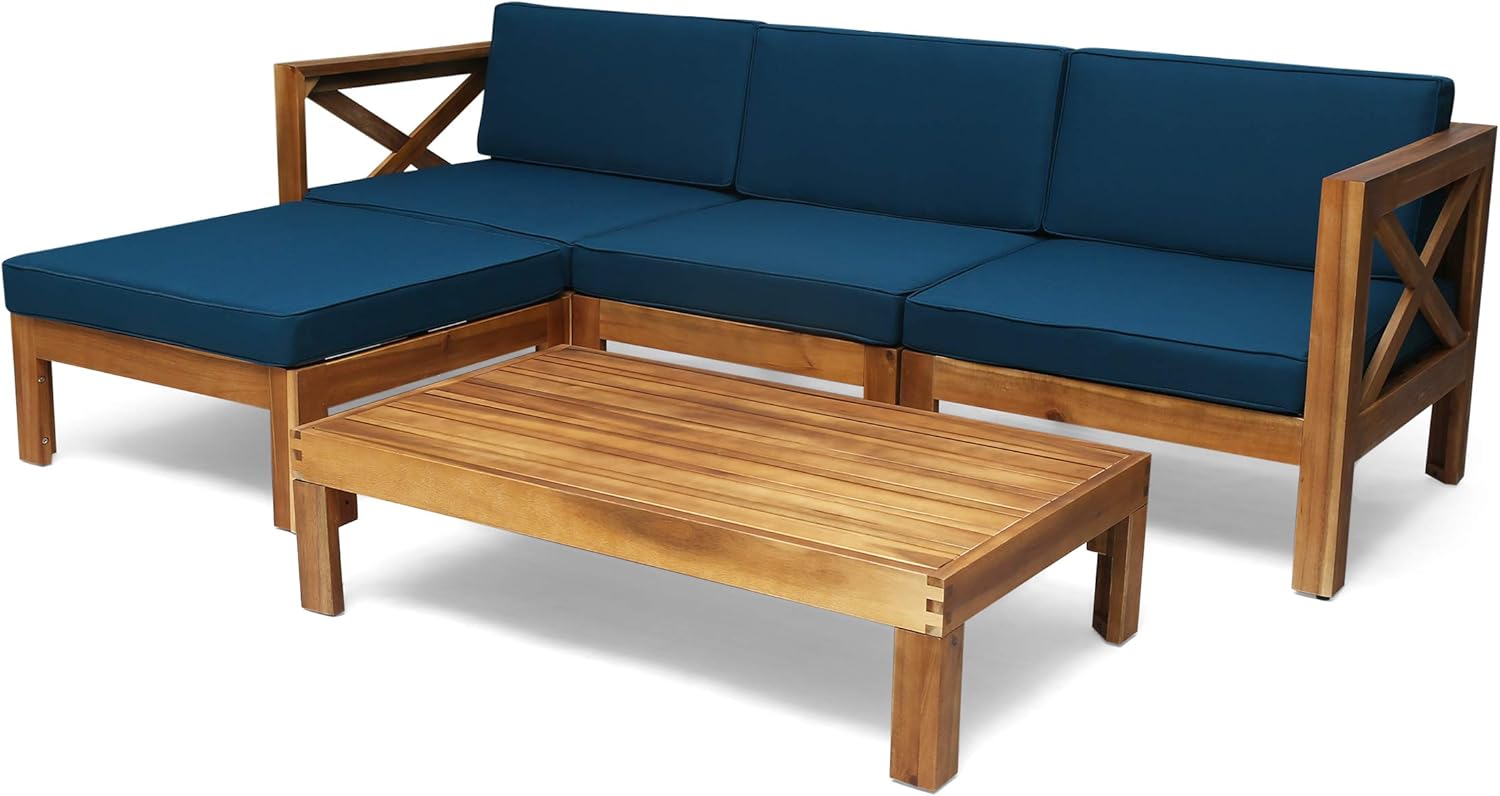 Teak Finish Dark Teal Outdoor Acacia Wood 5 Piece Sofa Set F673