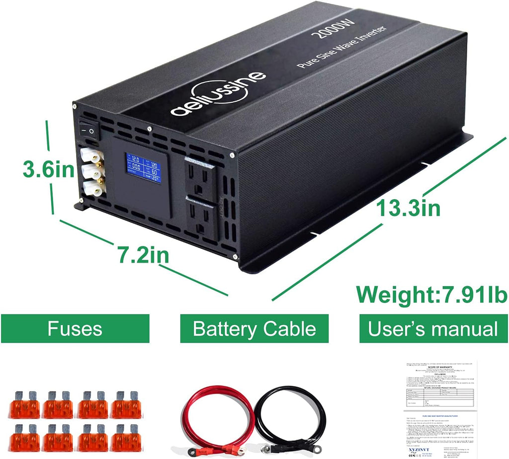 2000 Watt Pure Sine Wave Power Inverter 12V to 110V 120V DC to AC 4000W Surge Hardwire Terminal 2 US Outlet P632