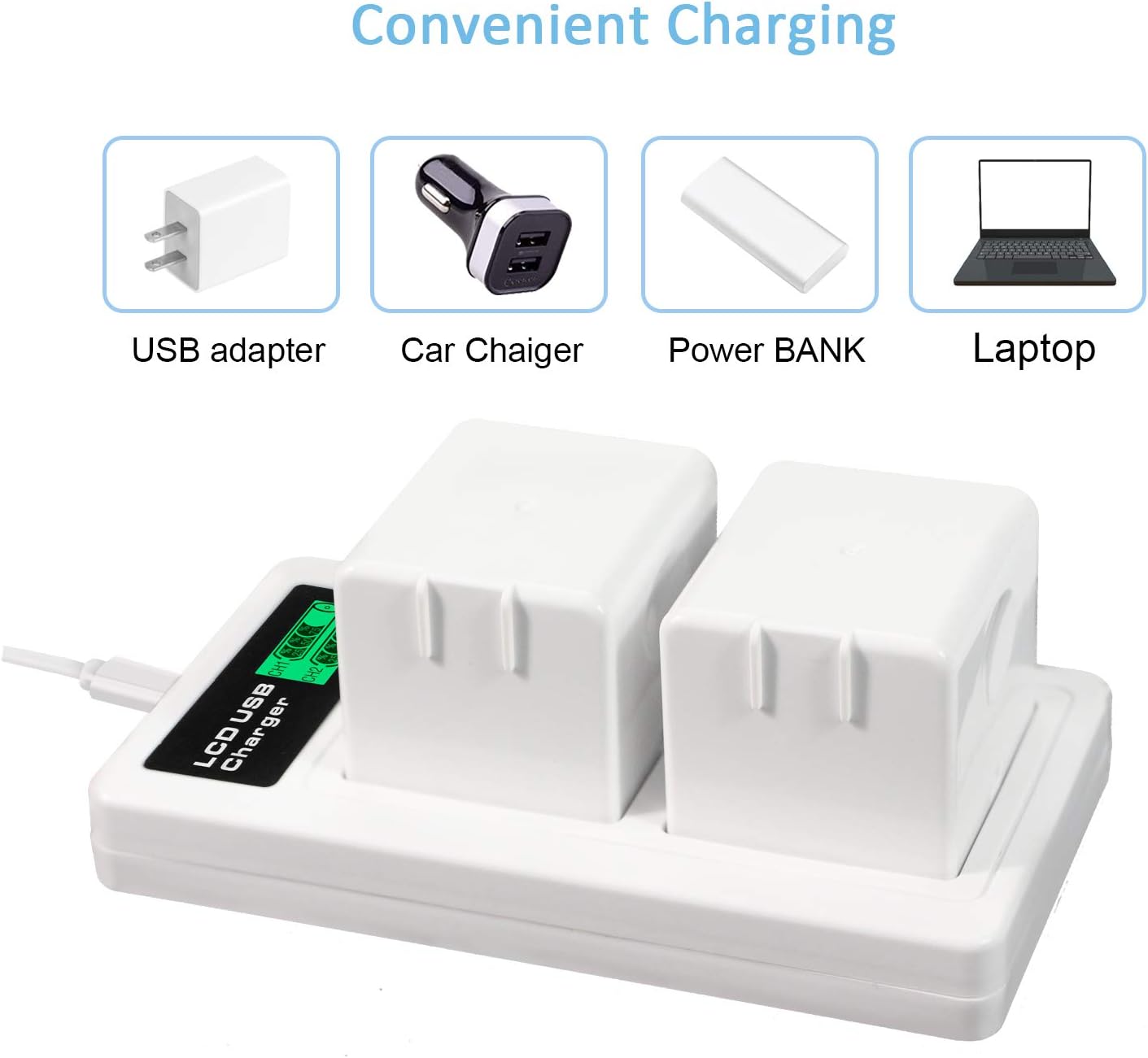 2-Pack Rechargeable Camera Battery 2440mAh with Dual LCD USB Port Charger X957060