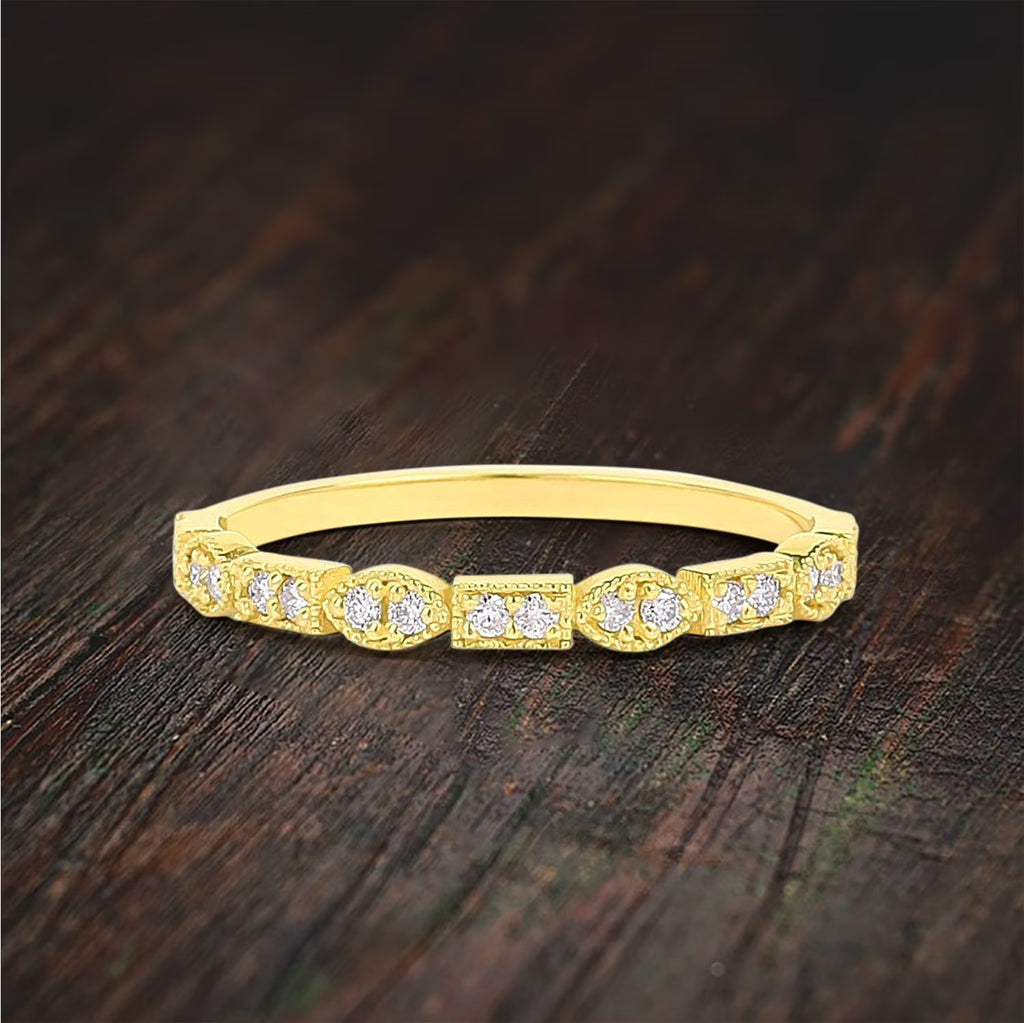 Victorian Style Wedding Band with Round Moissanite Diamond 10k Gold J1790