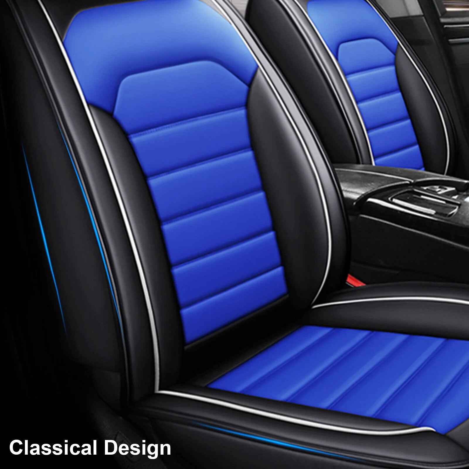 Waterproof PU Leather Full Set Car Seat Covers Black+Blue D742