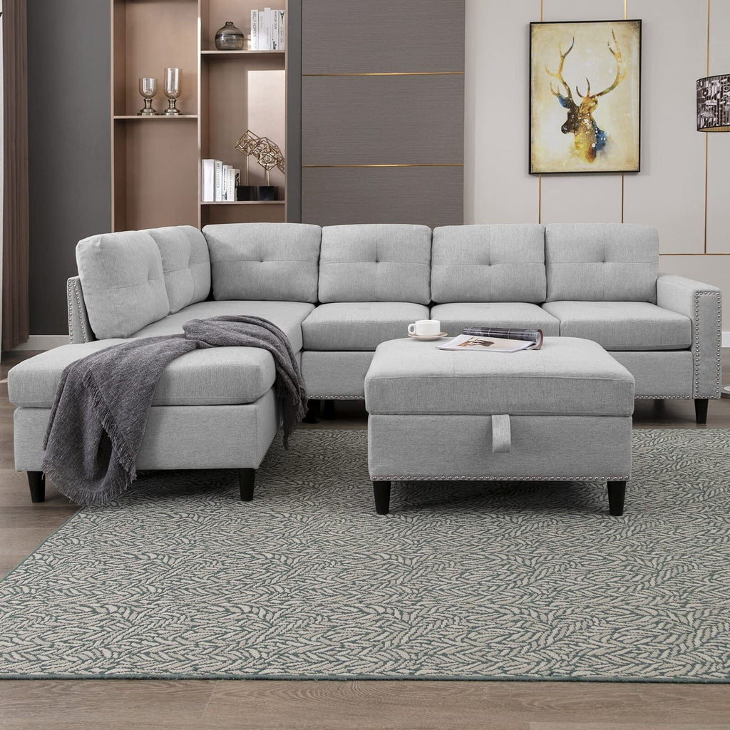 L-Shaped Sectional Sofa with 2 Cup Holders, Storage Ottoman Light Grey R664