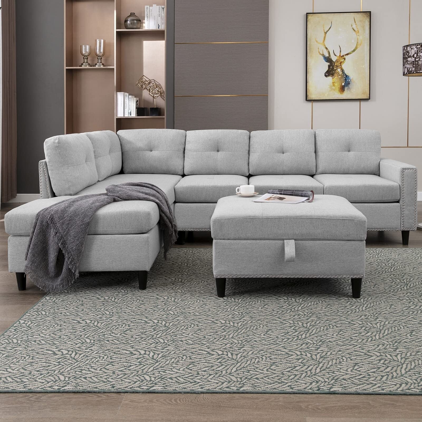 L-Shaped Sectional Sofa with 2 Cup Holders, Storage Ottoman Light Grey R664