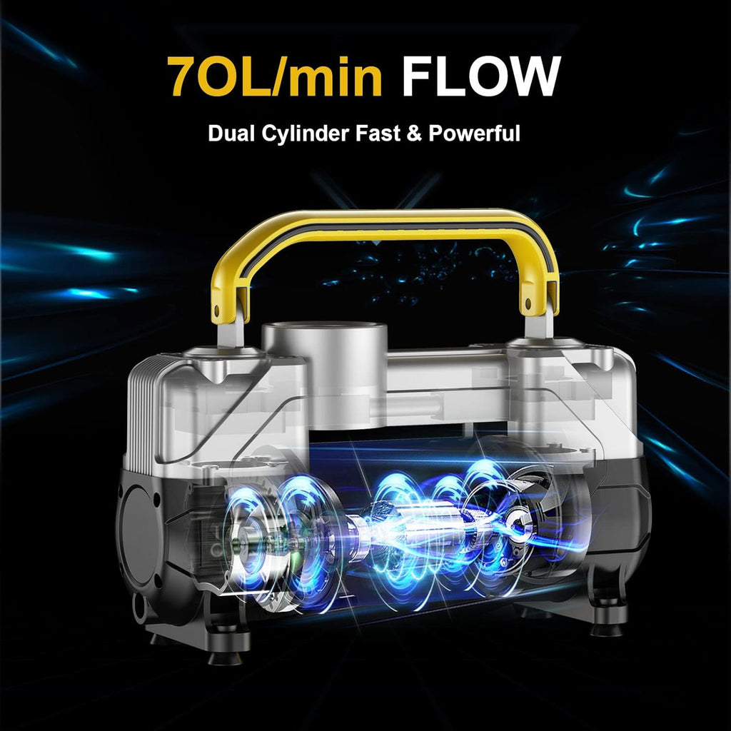 Portable Air Compressor Tire Inflator Heavy Duty Double Cylinders with 12V DC, Metal Air Pump with Emergency LED Light, Pack of 2 X881886