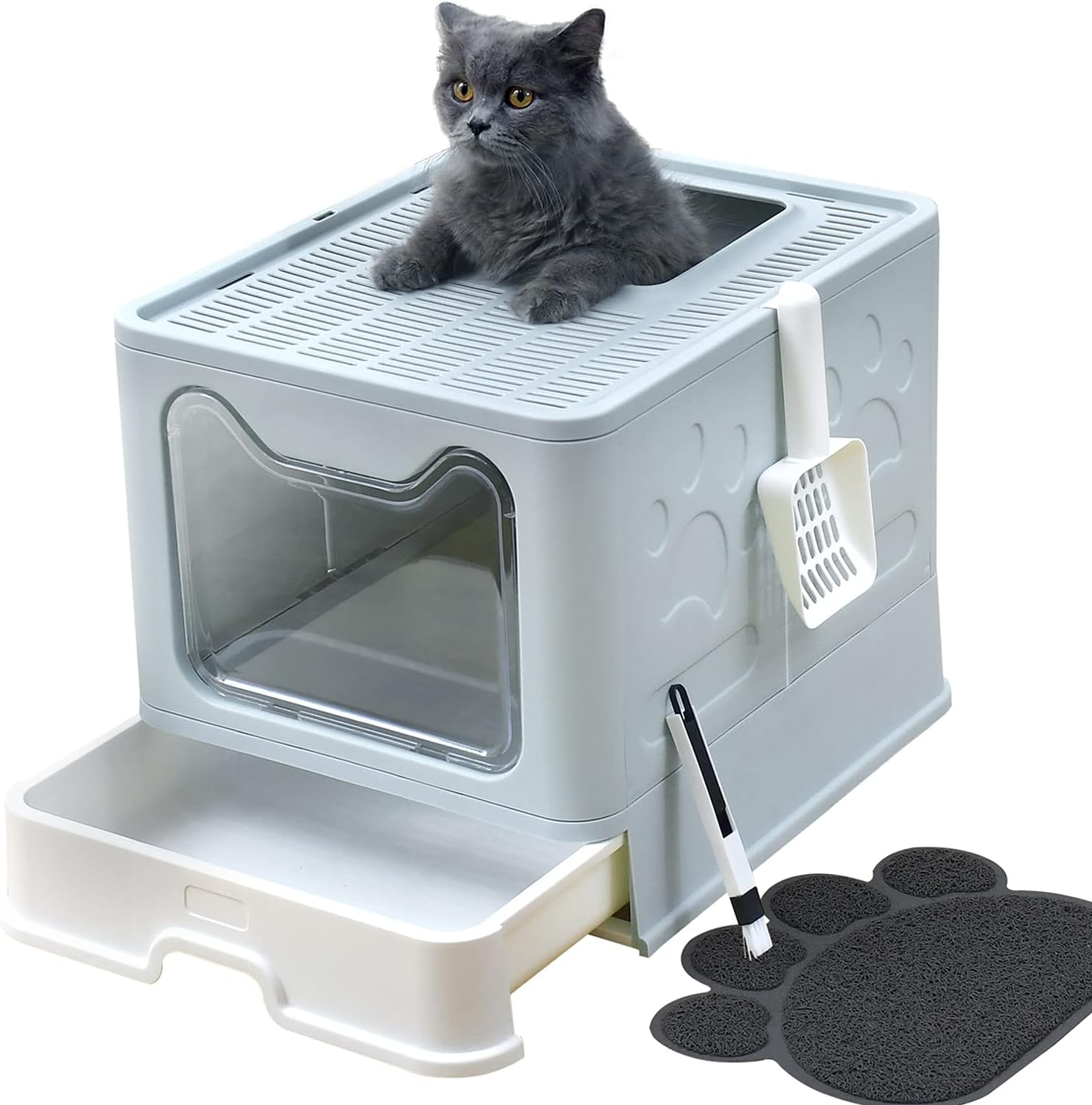 Foldable Cat Litter Box with Lid and Litter Mat and Scoop J126