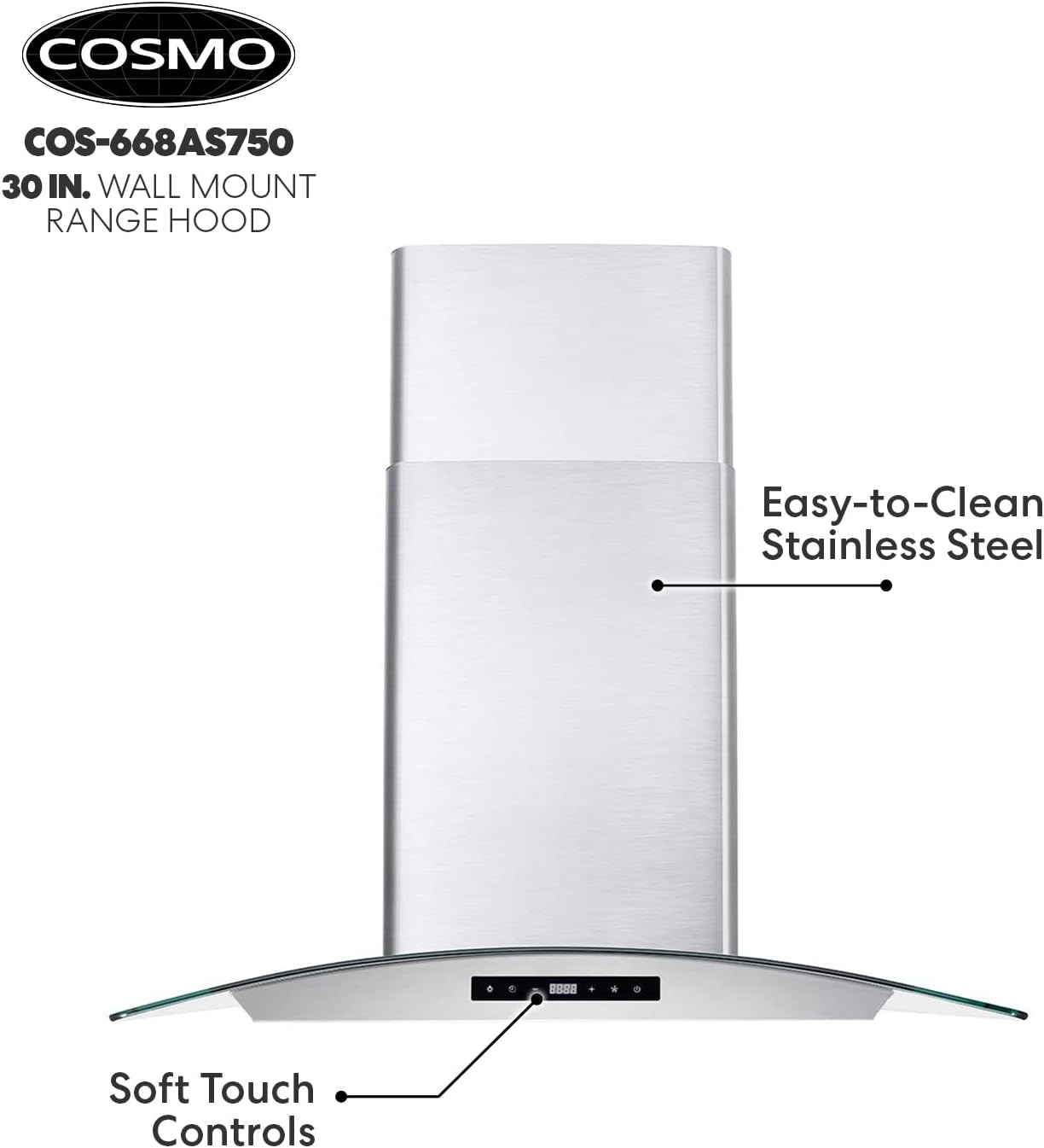 30 in. Wall Mount Range Hood with 380 CFM, Curved Glass, Stainless Steel Z3668