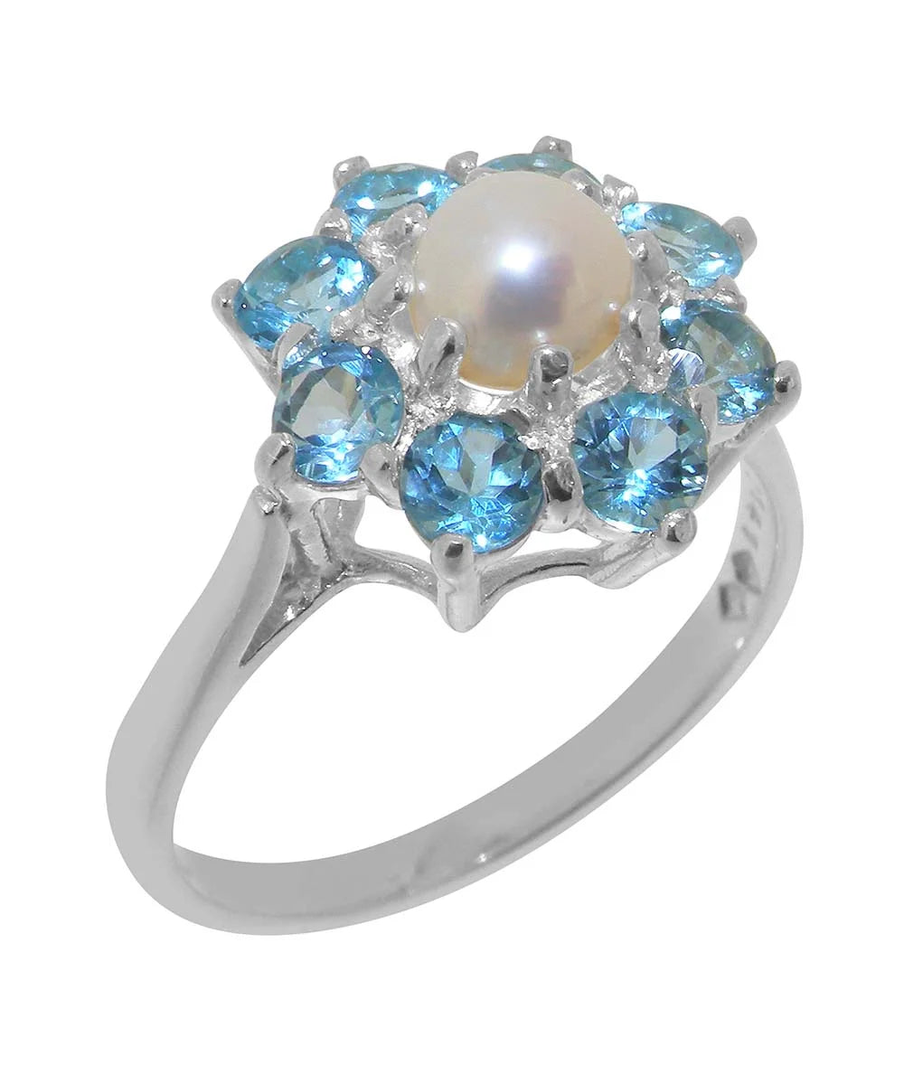 10k White Gold Cultured Pearl Blue Topaz Womens Statement Ring M125894