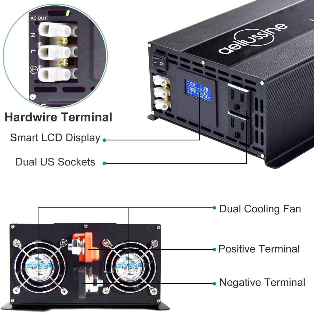 2000 Watt Pure Sine Wave Power Inverter 12V to 110V 120V DC to AC 4000W Surge Hardwire Terminal 2 US Outlet P632