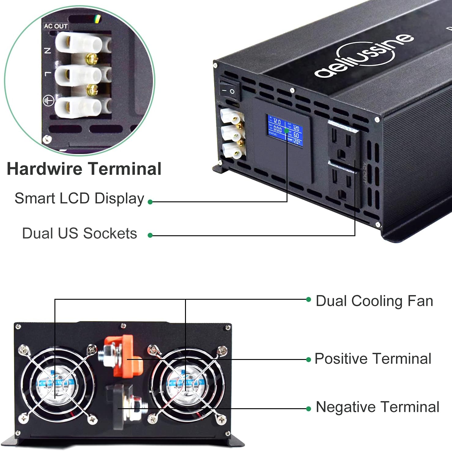 2000 Watt Pure Sine Wave Power Inverter 12V to 110V 120V DC to AC 4000W Surge Hardwire Terminal 2 US Outlet P632