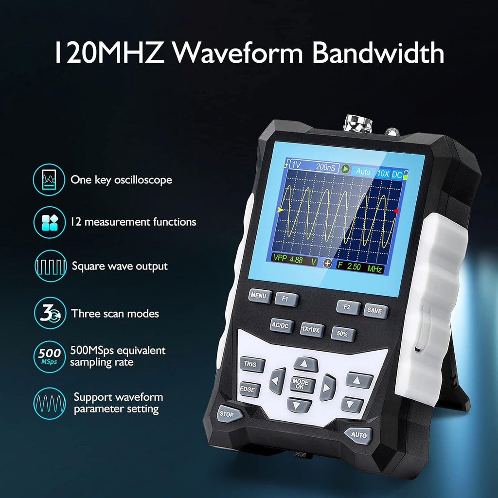 Handheld Digital Oscilloscope, 120MHz Bandwidth 500MSa/S Sampling Rate Portable Storage Oscilloscope, 2.4 Backlight Display, 3 Scan Modes, Storage of 2500 Waveforms X489108