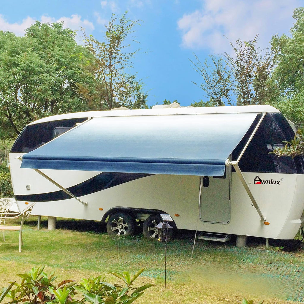 White Manual Modular Retractable RV Awning Full Set Assemblies 15x8 Ft Ocean Blue Y806