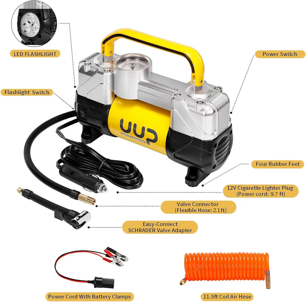 Portable Air Compressor Tire Inflator Heavy Duty Double Cylinders with 12V DC, Metal Air Pump with Emergency LED Light, Pack of 2 X881886