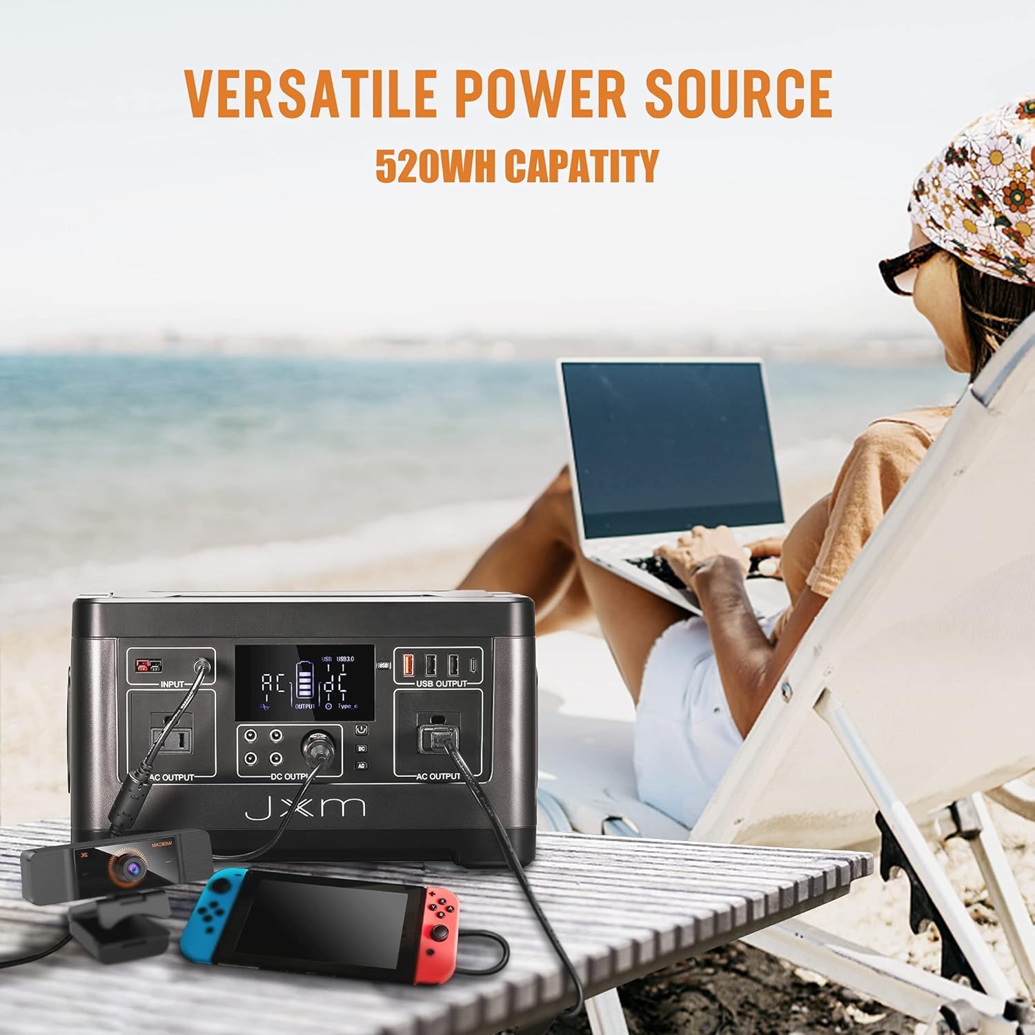 Portable Power Station 519Wh Solar Generator, 110V/500W Pure Sine Wave AC Outlet, Regulated 12V DC E2057