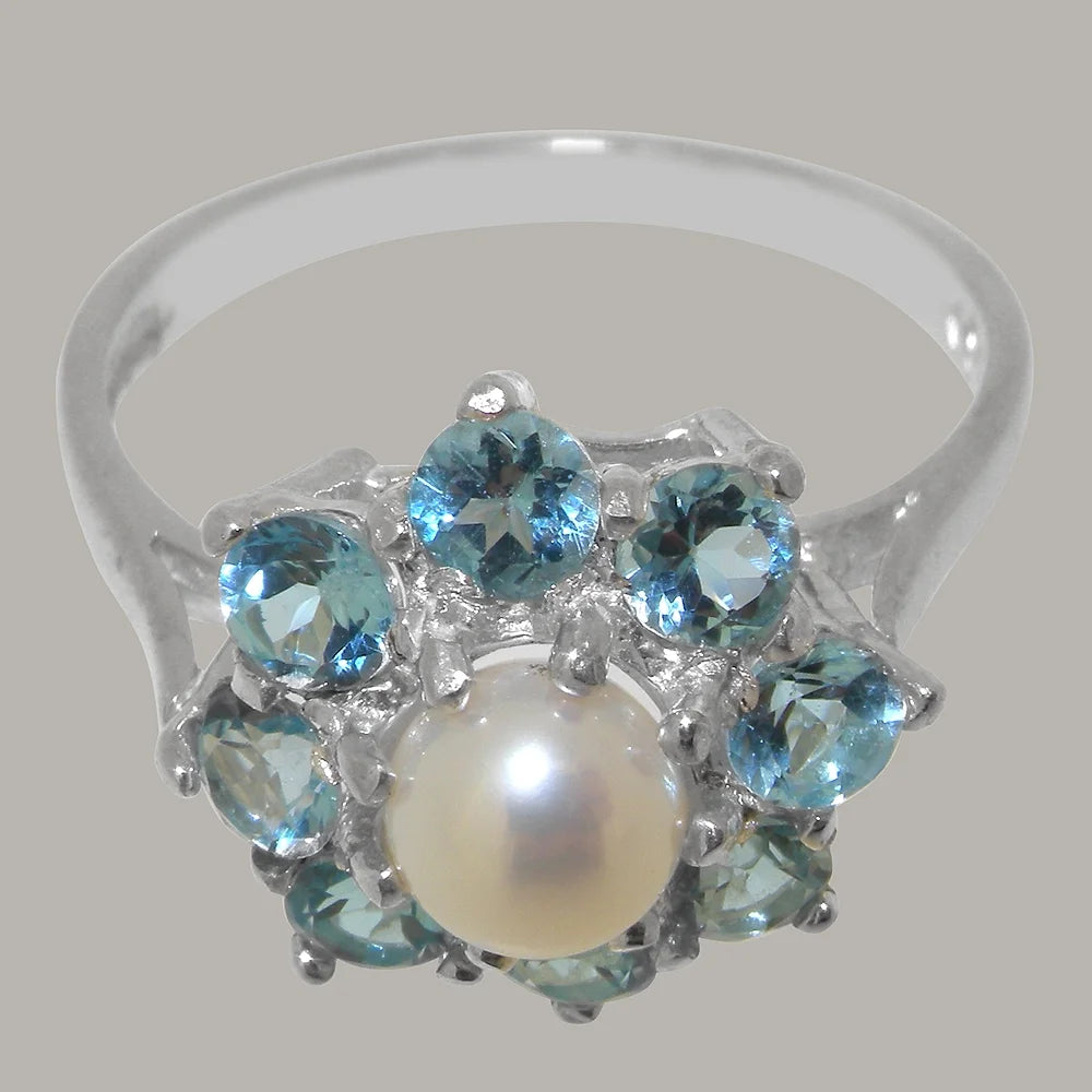10k White Gold Cultured Pearl Blue Topaz Womens Statement Ring M125894