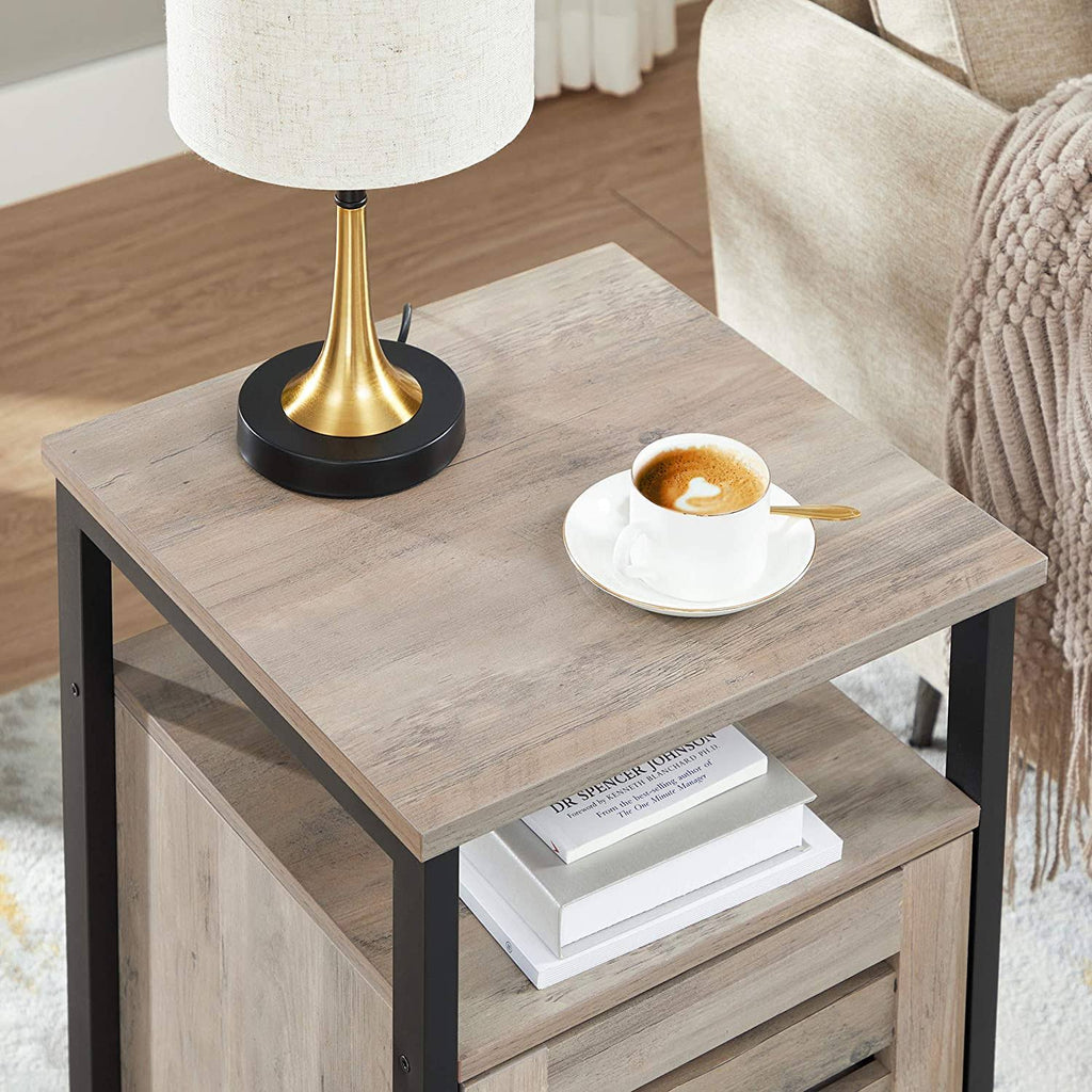 Greige Nightstand End Table with Cabinet and Shelf H170