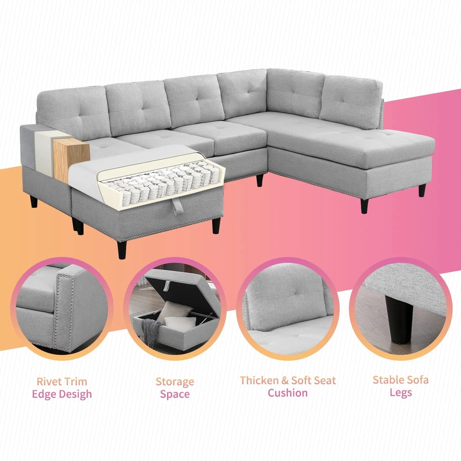 L-Shaped Sectional Sofa with 2 Cup Holders, Storage Ottoman Light Grey R664