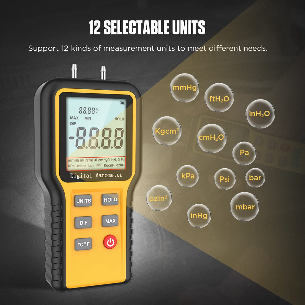 Dual-Port Manometer Gas Pressure Tester Air Pressure Meter Digital Manifold Gauge Set with Hoses N8157