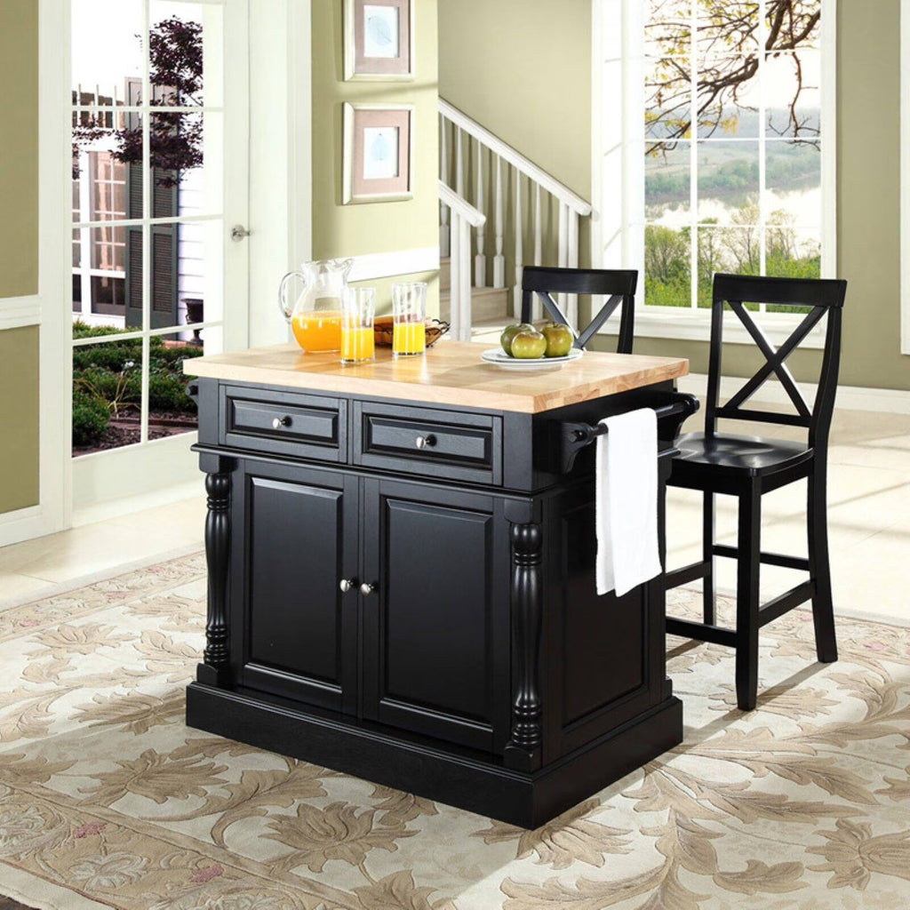 Black Wood Kitchen Island with Stools D60830