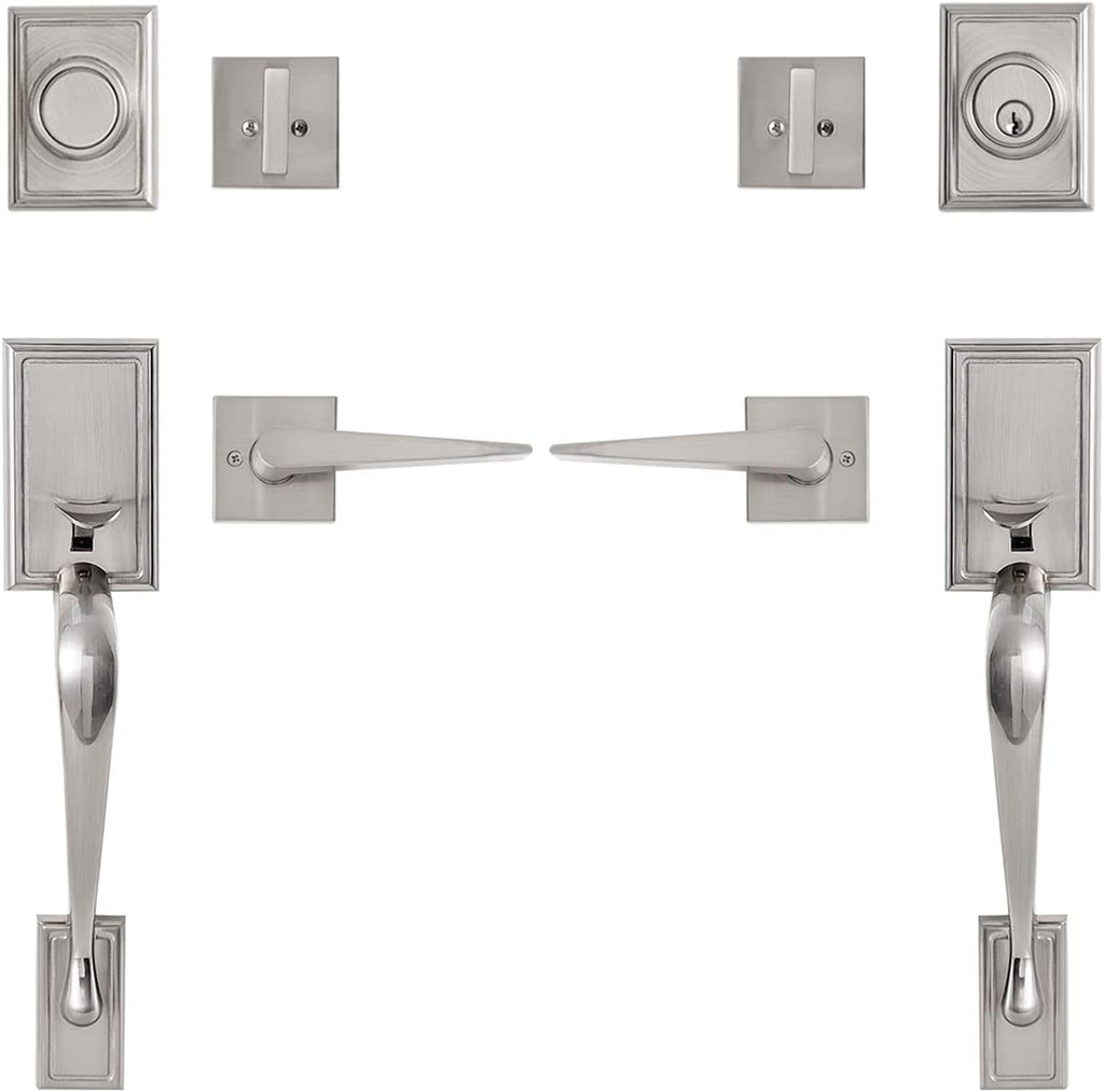 Satin Nickel Front Door Handle Set with Lock and Deadbolt, Pack of 2 D69029
