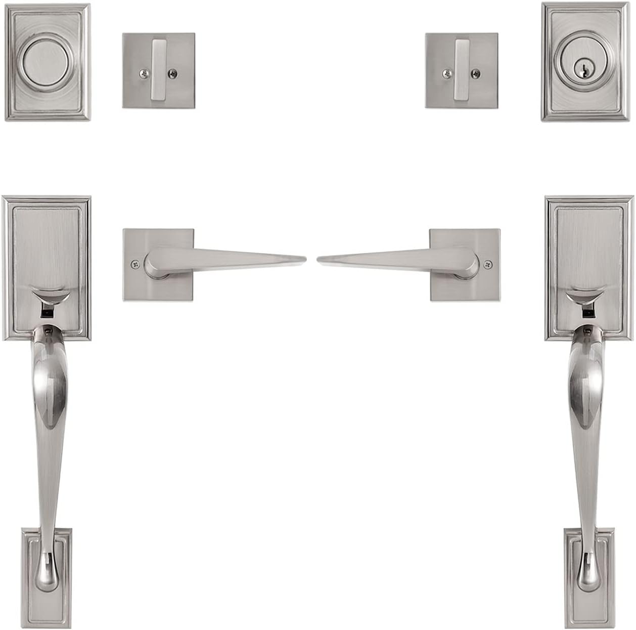 Satin Nickel Front Door Handle Set with Lock and Deadbolt, Pack of 2 D69029