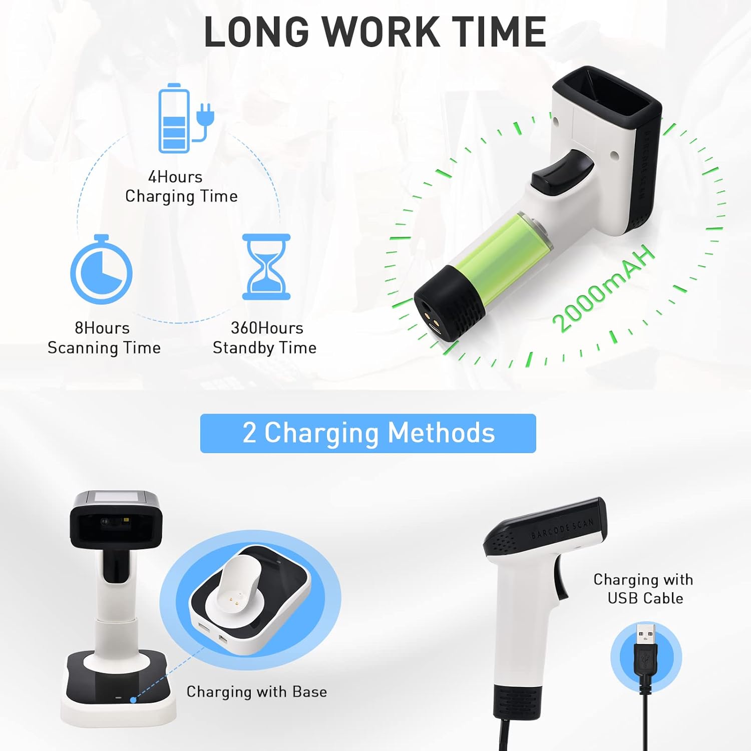 2 in 1 Wireless & Wired Barcode Scanner with Charging Base, Pack of 2 D203