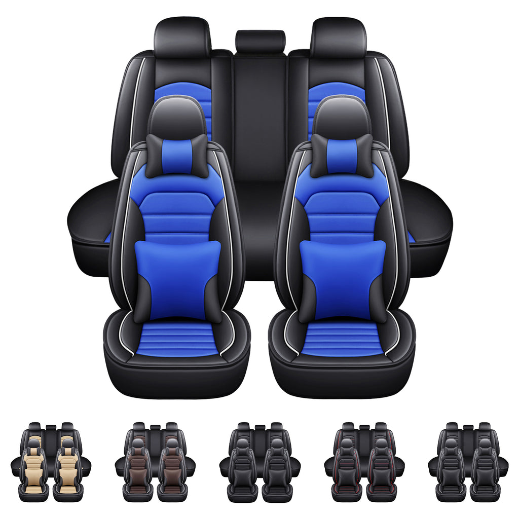 Waterproof PU Leather Full Set Car Seat Covers Black+Blue D742