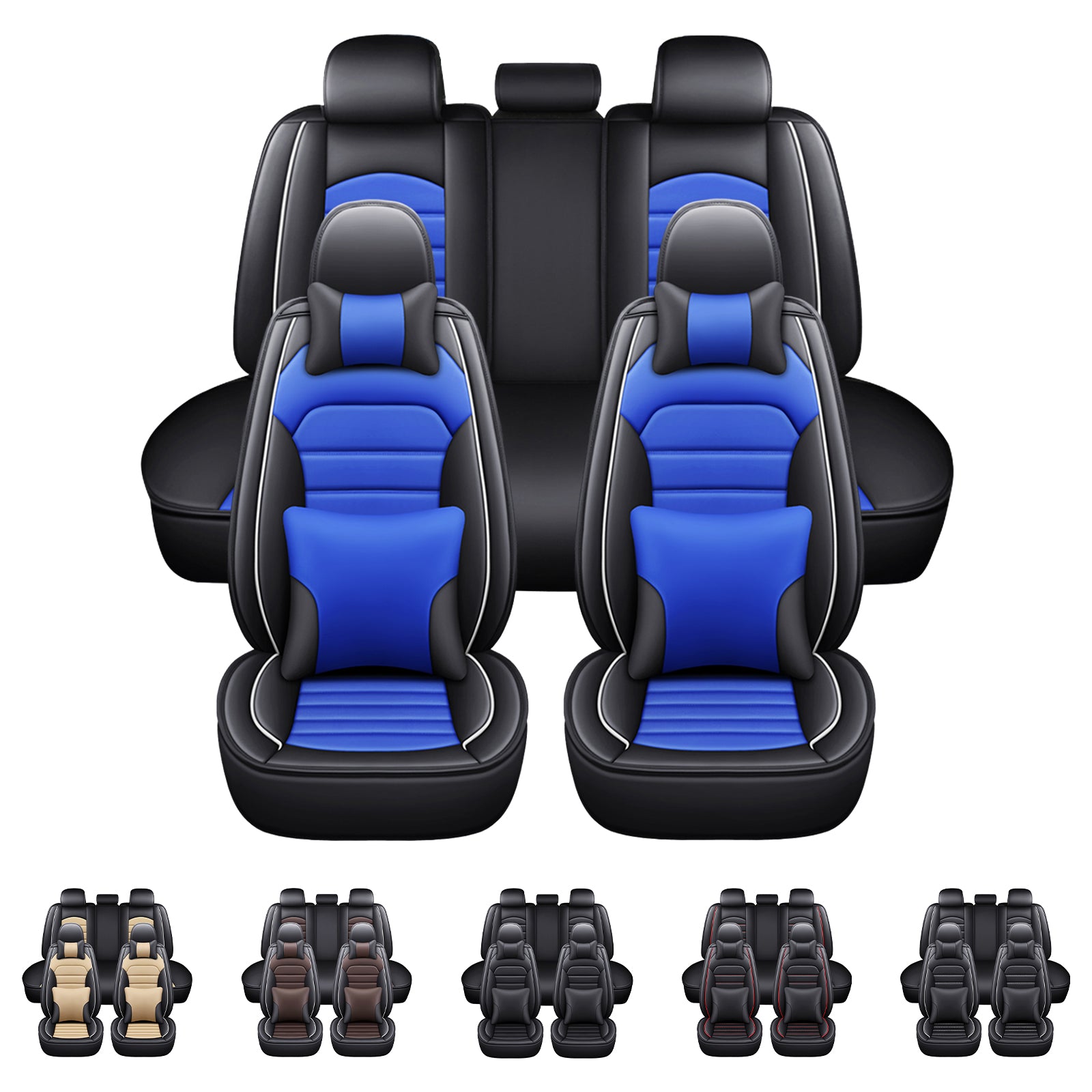 Waterproof PU Leather Full Set Car Seat Covers Black+Blue D742