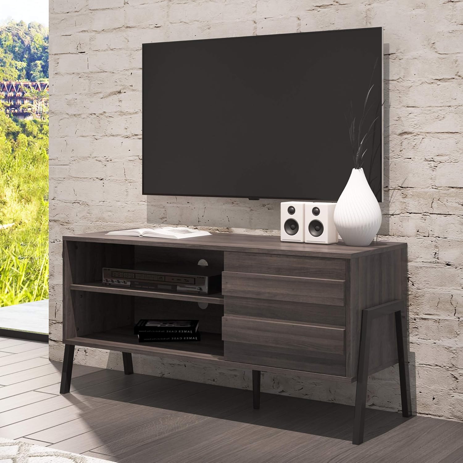 Mid-Century Modern Wood TV Stand with Metal Legs O117