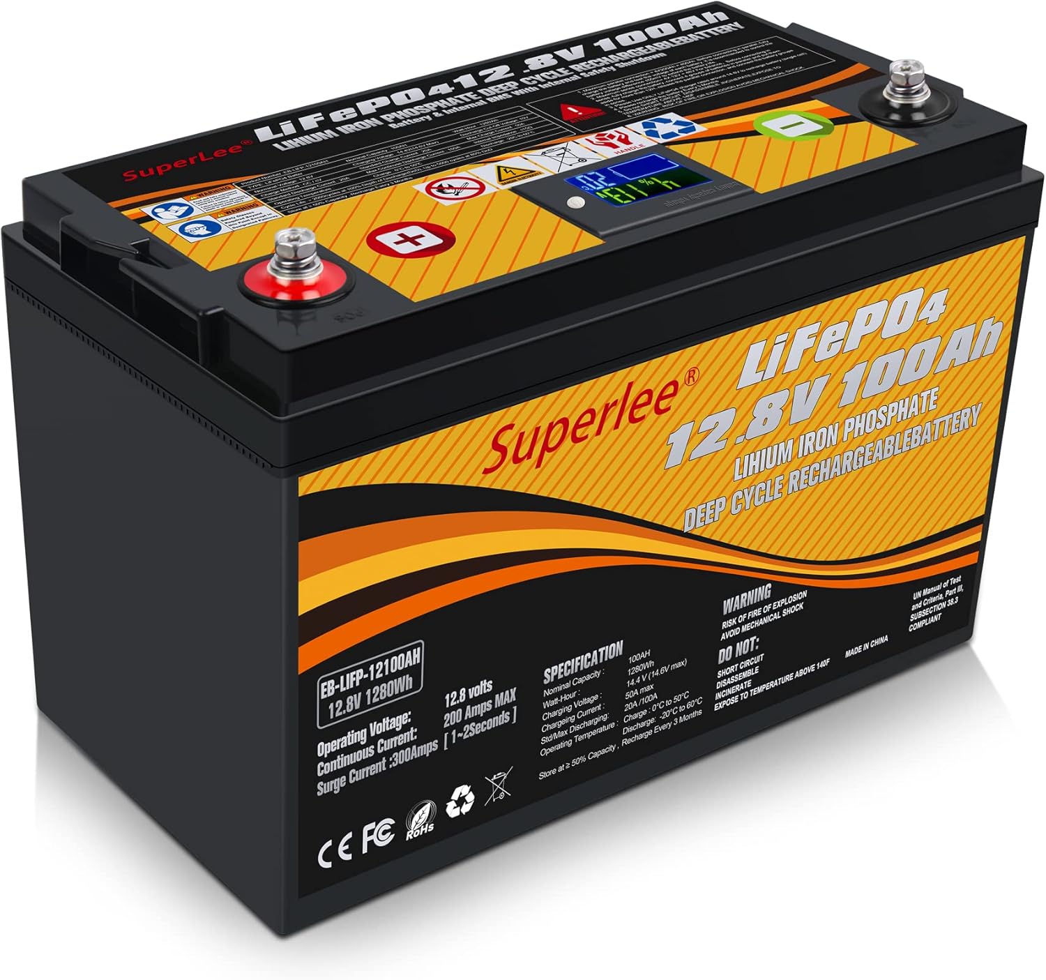 12.8V 100AH LiFePO4 Battery with LCD Display, 5000+ Cycle Lithium Iron Phosphate Battery with BMS P571500