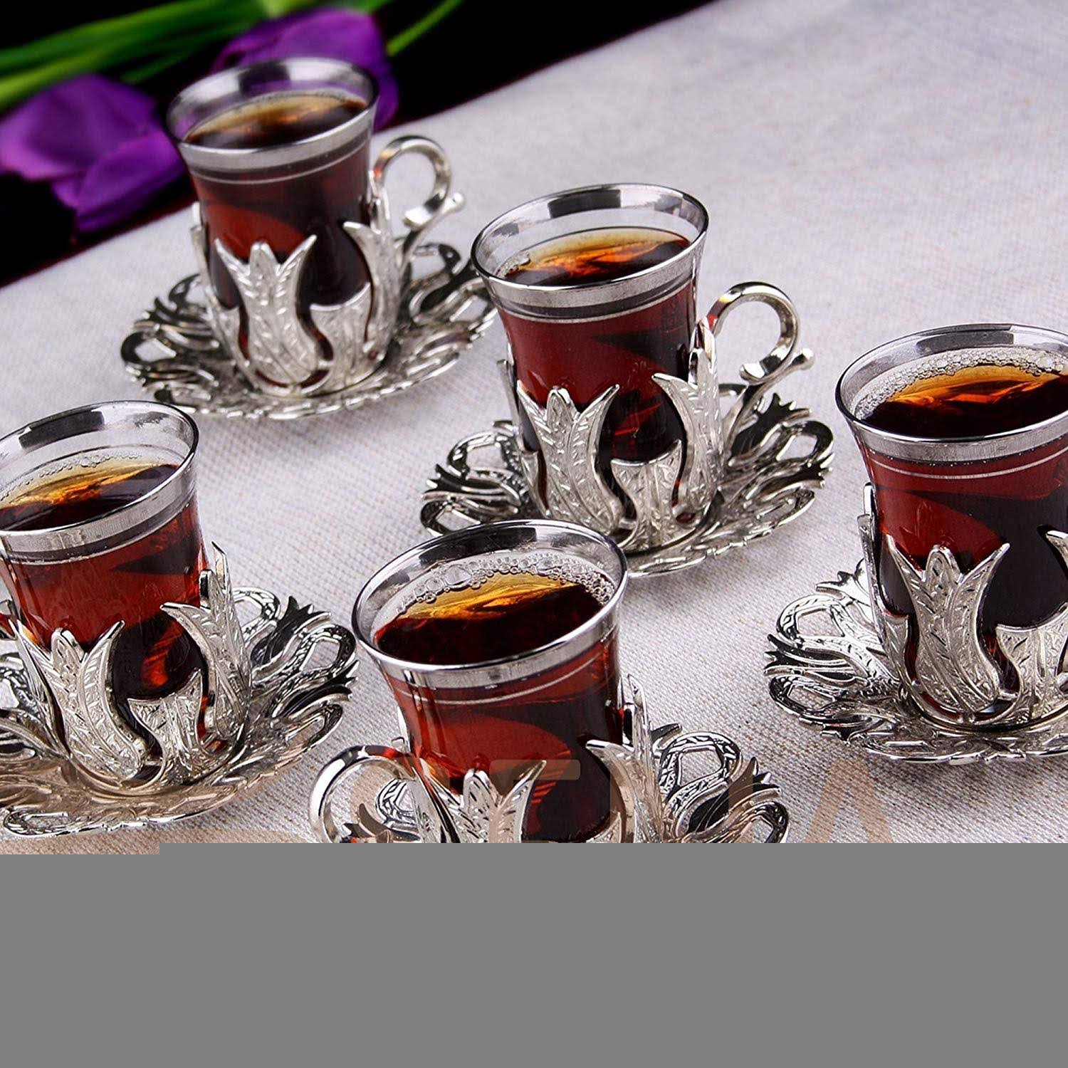 6 x Turkish Tea Glasses Set with Saucers Holders & Spoons (Silver) D133278