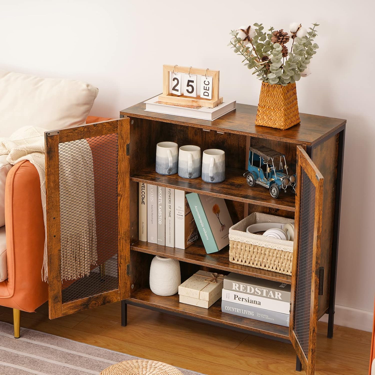 Rustic Brown 3-Tier Storage Cabinet with 2 Mesh Doors K60500