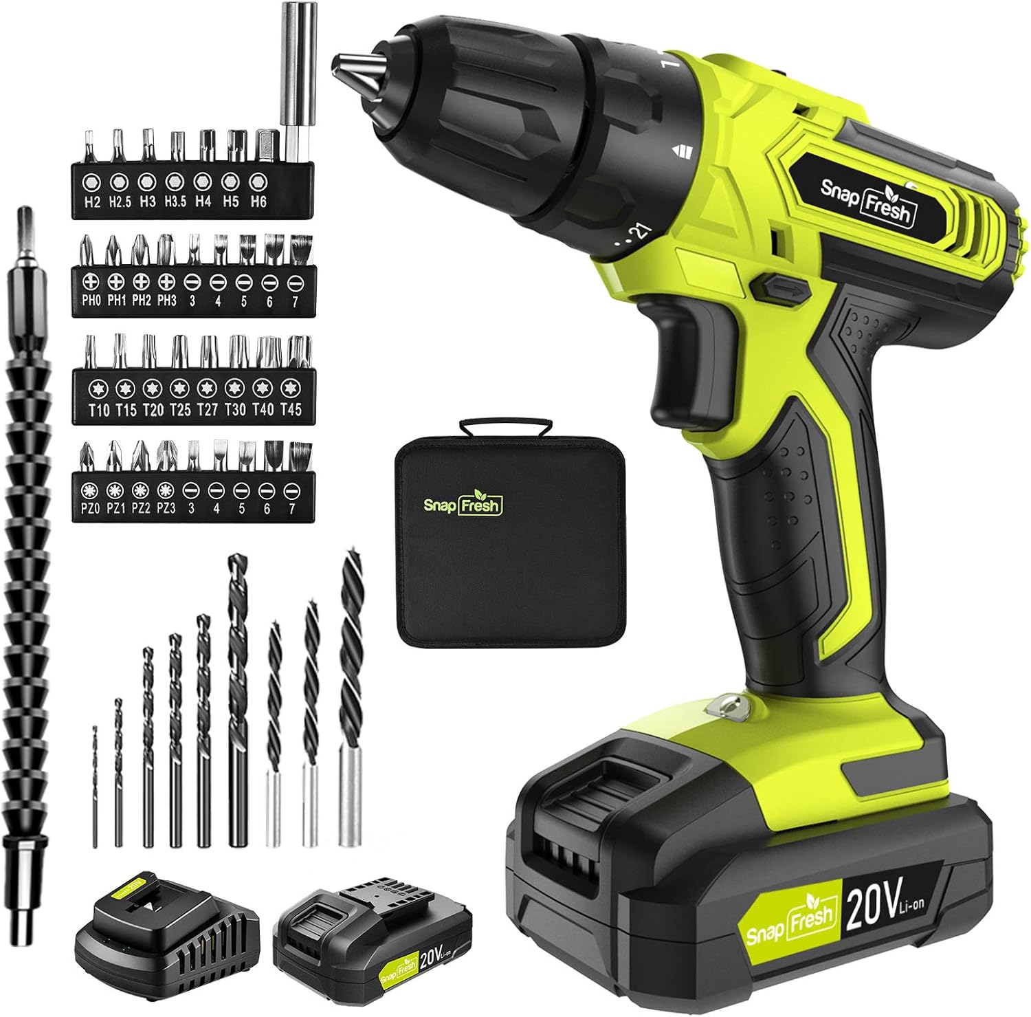 Cordless Drill Set with Battery and Charger, 2 Variable Speed, 21+1 Torque Setting, LED, 43pcs Drill Bits I6874