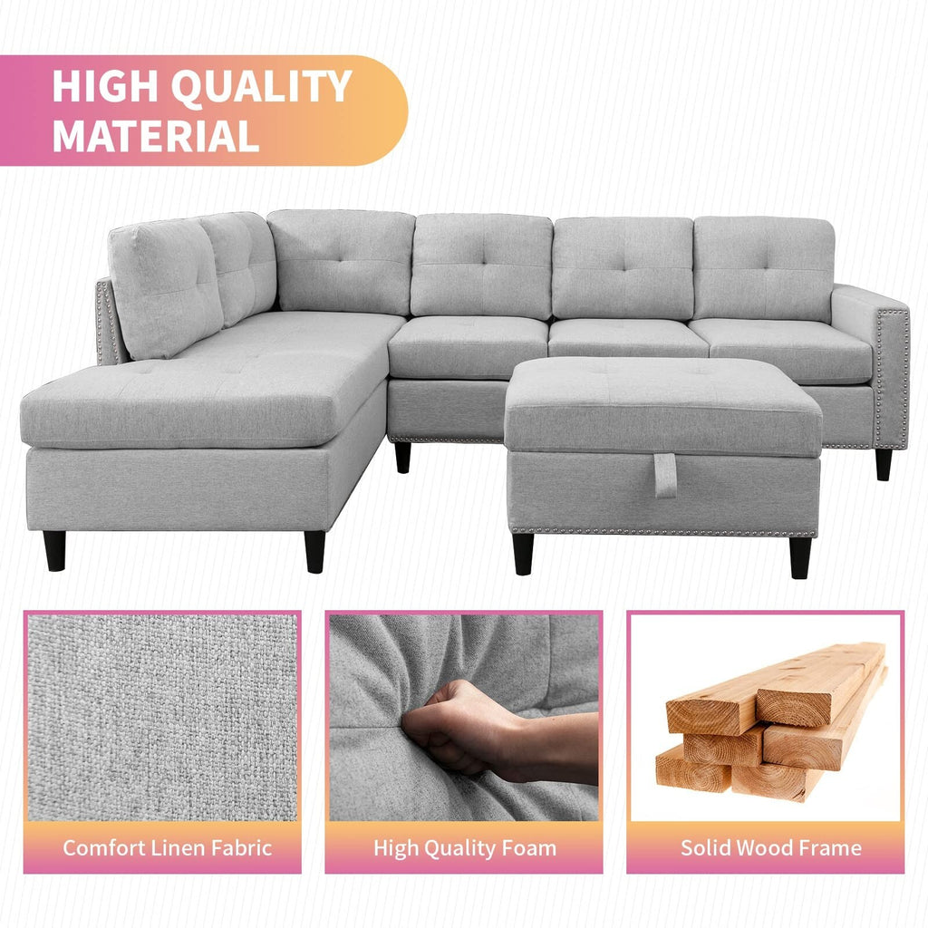 L-Shaped Sectional Sofa with 2 Cup Holders, Storage Ottoman Light Grey R664