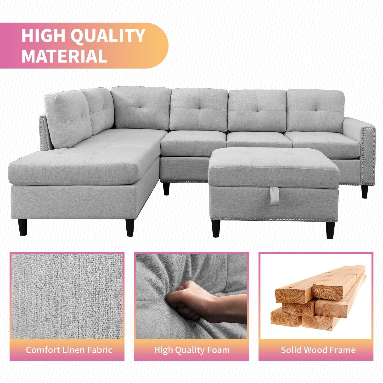 L-Shaped Sectional Sofa with 2 Cup Holders, Storage Ottoman Light Grey R664