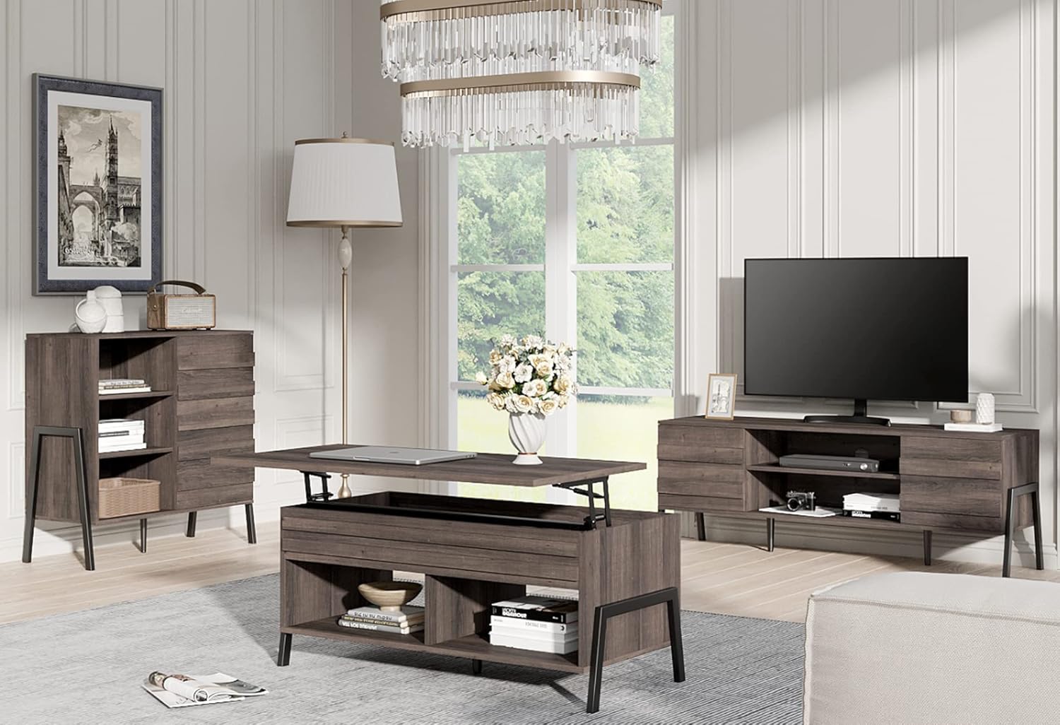 Mid-Century Modern Wood TV Stand with Metal Legs O117