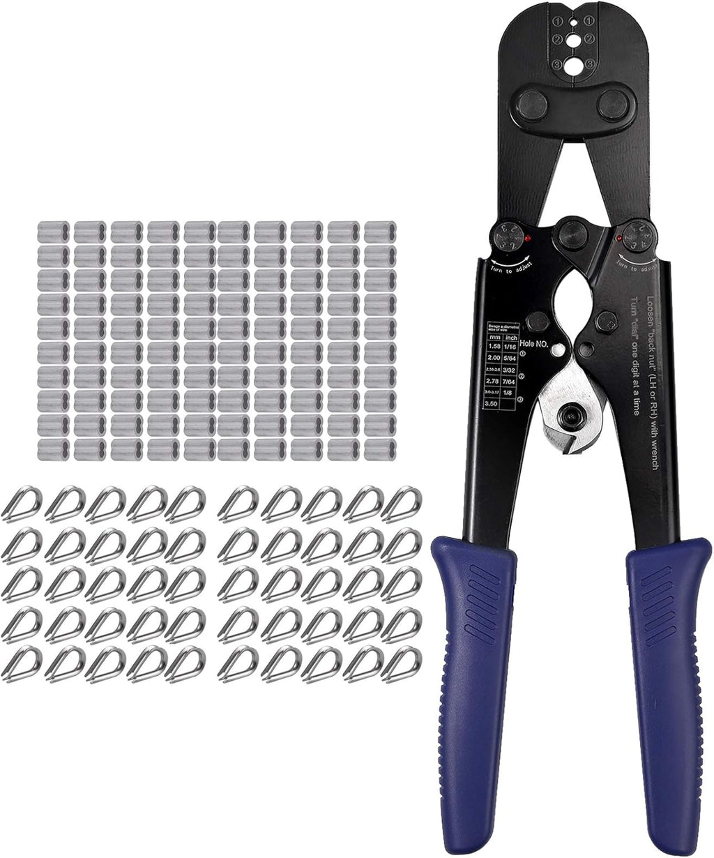 Wire Rope Crimper Crimping Tool with Aluminum Crimping Loop Sleeve and Cable Thimble F9995