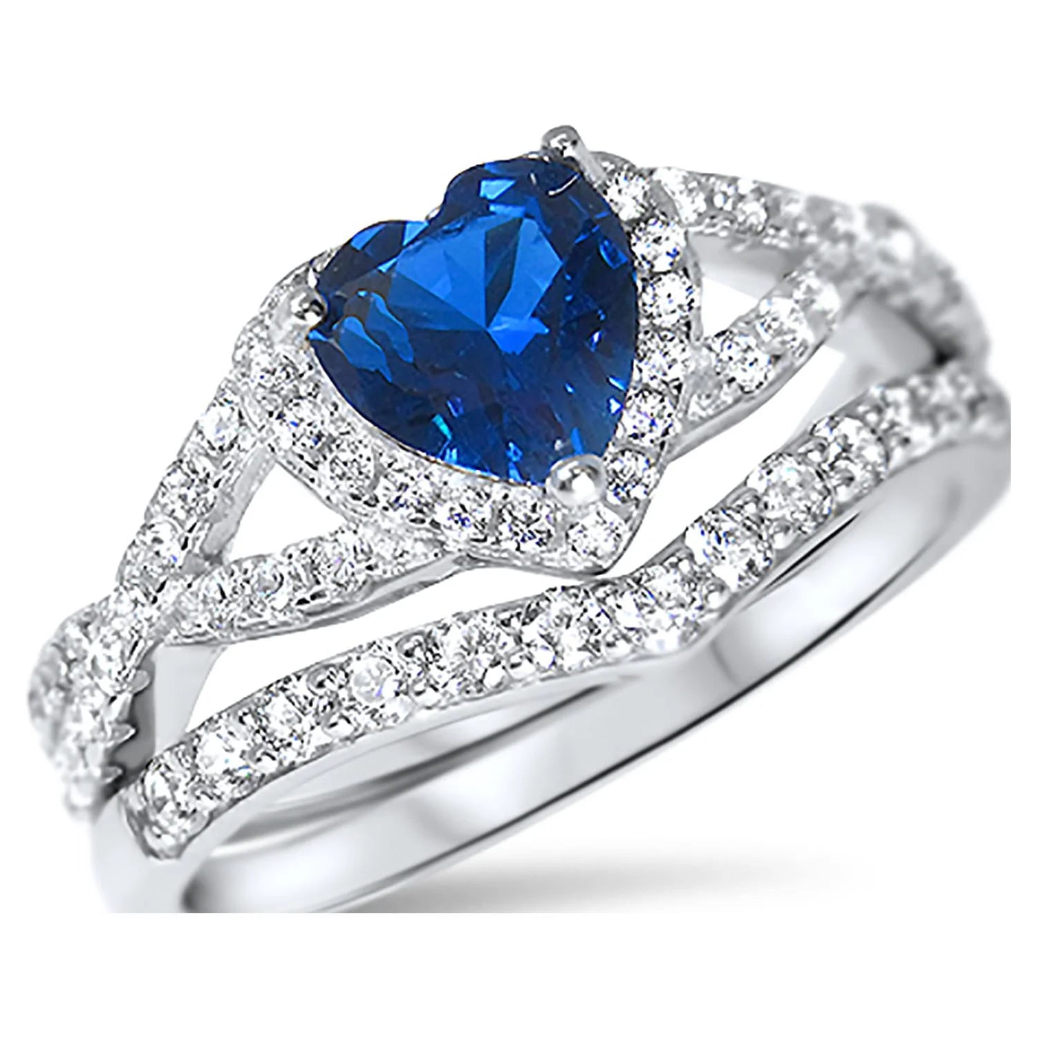 Sterling Blue Sapphire CZ Bridal Wedding Band Engagement Ring Set N68574