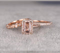 Emerald Cut Morganite Ring With Diamond Moissanites In 10K Rose Gold With Engagement Ring And 2 Wedding Bands Q7684