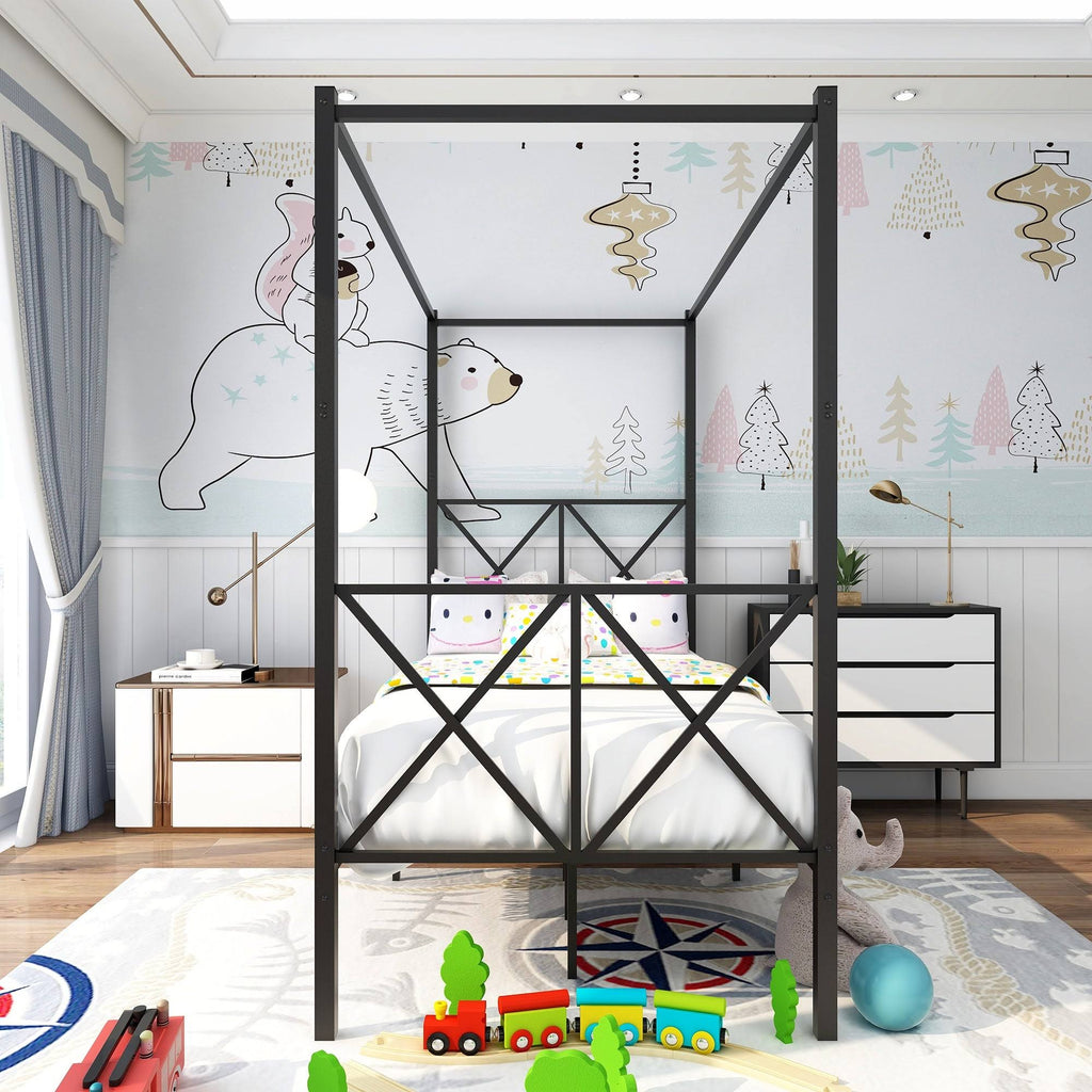 Twin Canopy Bed Frame with x Shaped Frame - Black D9550