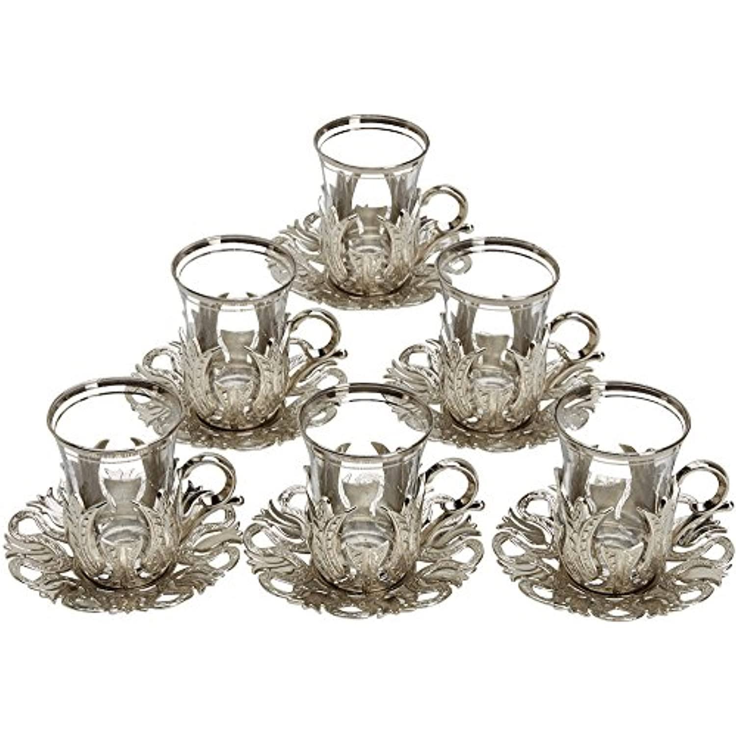 6 x Turkish Tea Glasses Set with Saucers Holders & Spoons (Silver) D133278