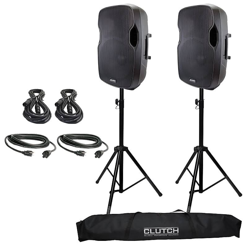 15" Powered DJ PA Speaker Pair with Cables and Stands R36208