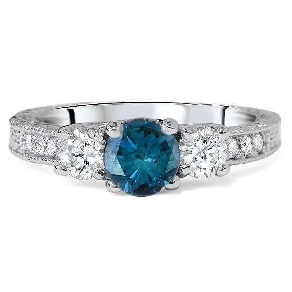 1ct Vintage Blue Diamond 3-Stone Engagement Ring 14K White Gold W993299