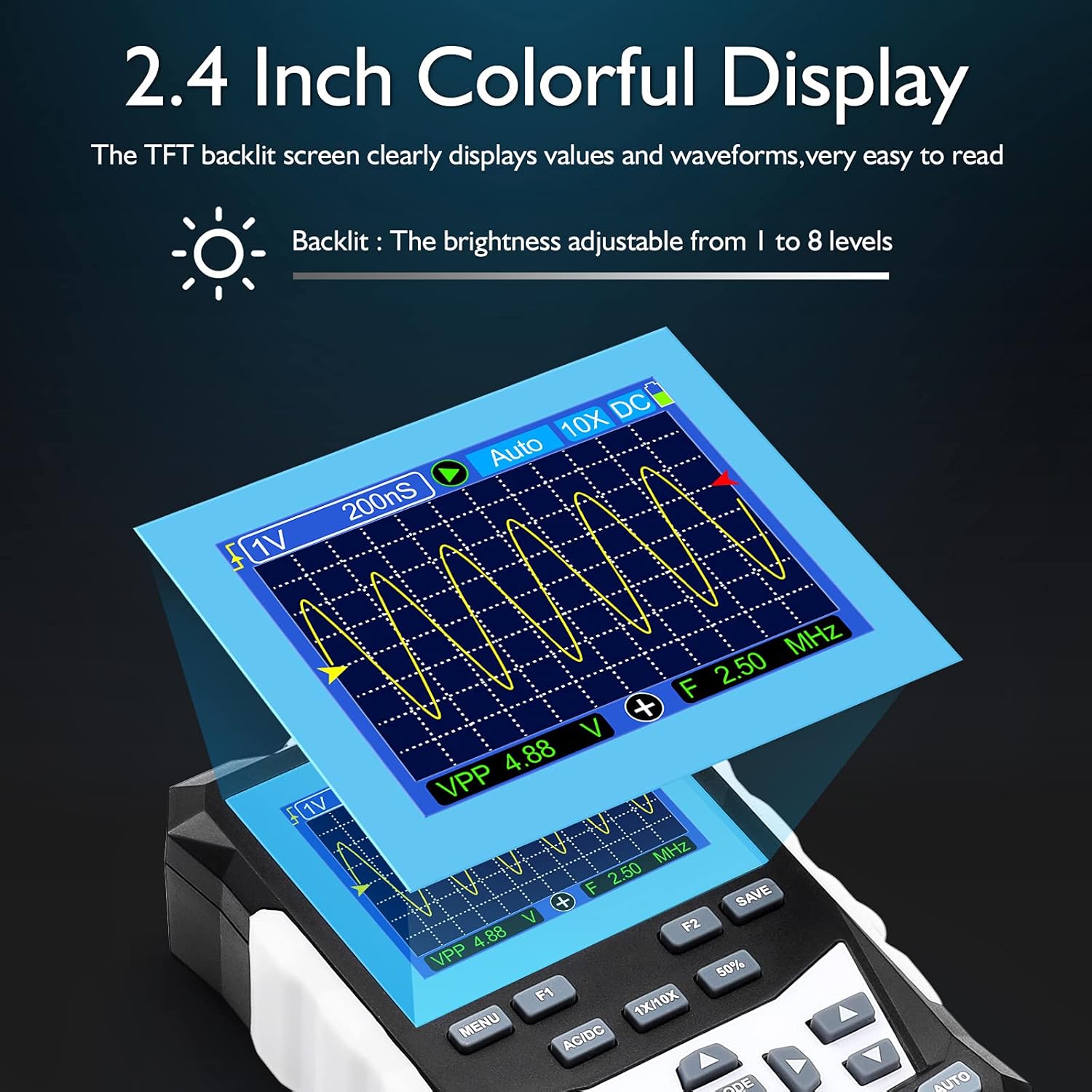 Handheld Digital Oscilloscope, 120MHz Bandwidth 500MSa/S Sampling Rate Portable Storage Oscilloscope, 2.4 Backlight Display, 3 Scan Modes, Storage of 2500 Waveforms X489108