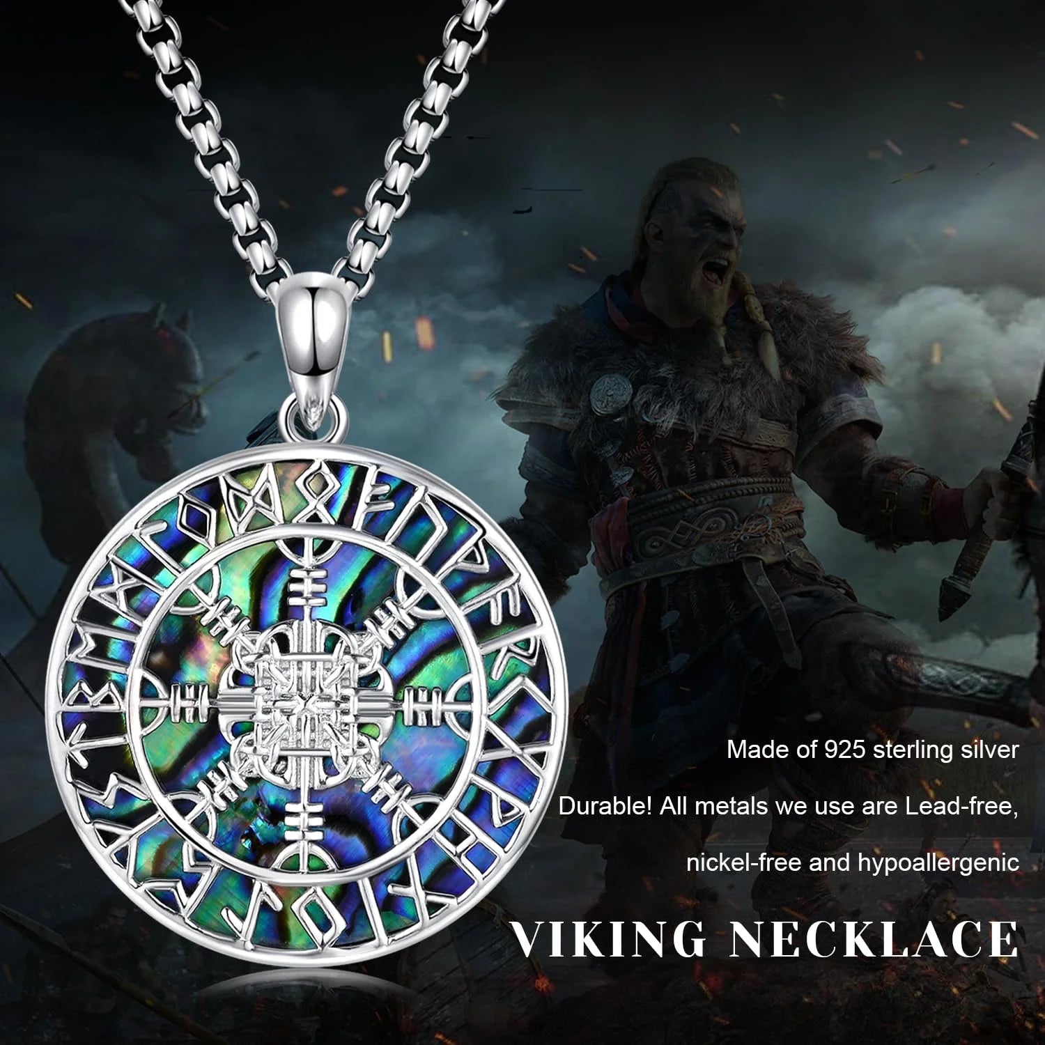 Viking Compass Necklace 925 Sterling Silver Vegvisir Pendant Amulet Q53725