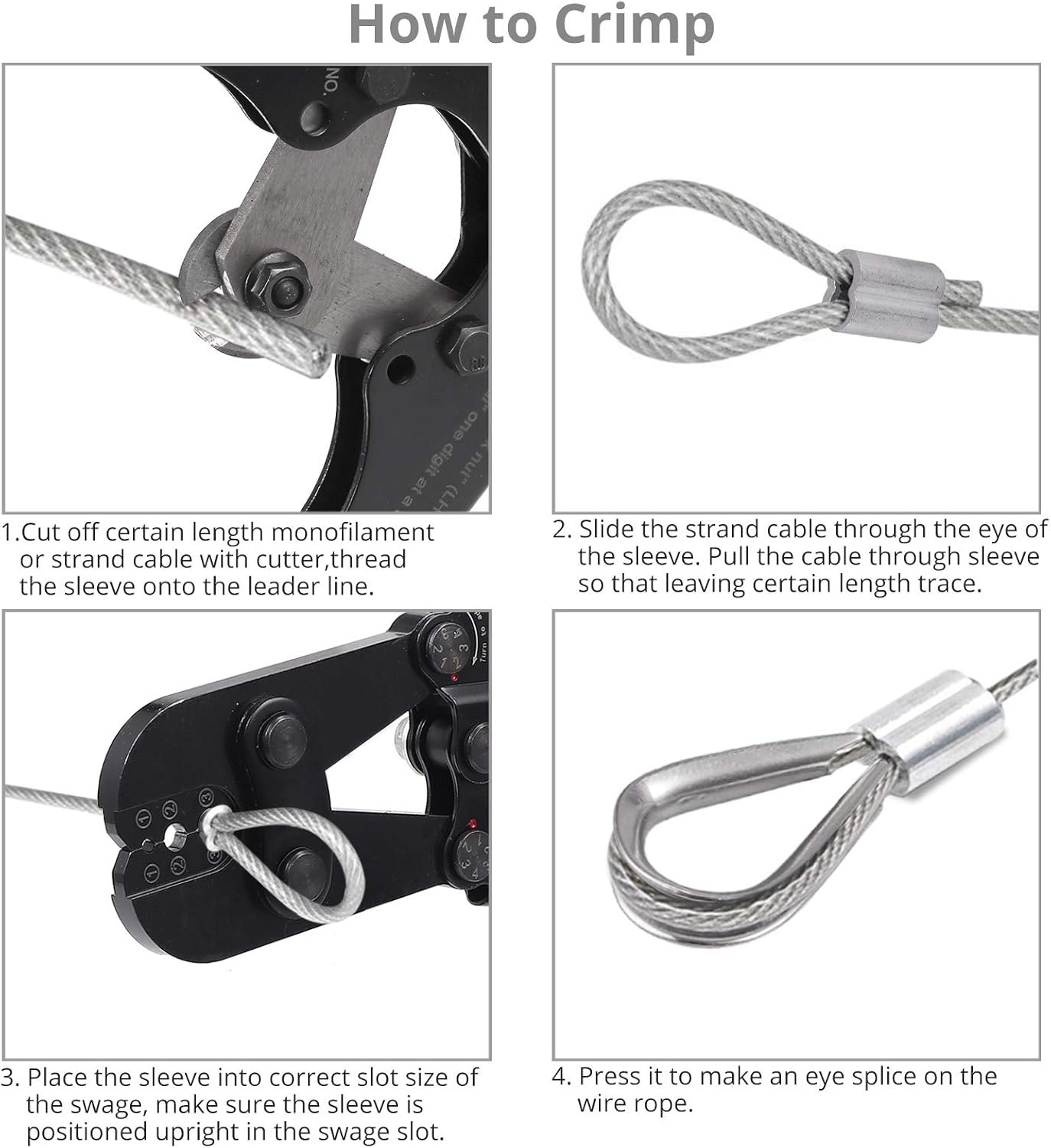Wire Rope Crimper Crimping Tool with Aluminum Crimping Loop Sleeve and Cable Thimble F9995