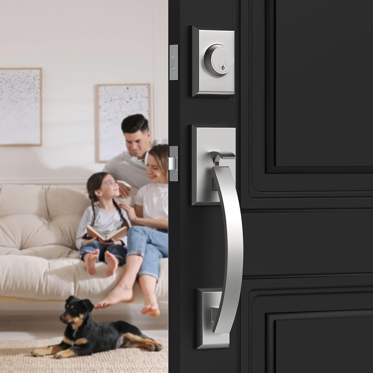 Satin Nickel Front Door Handle Set with Lock and Deadbolt, Pack of 2 D69029