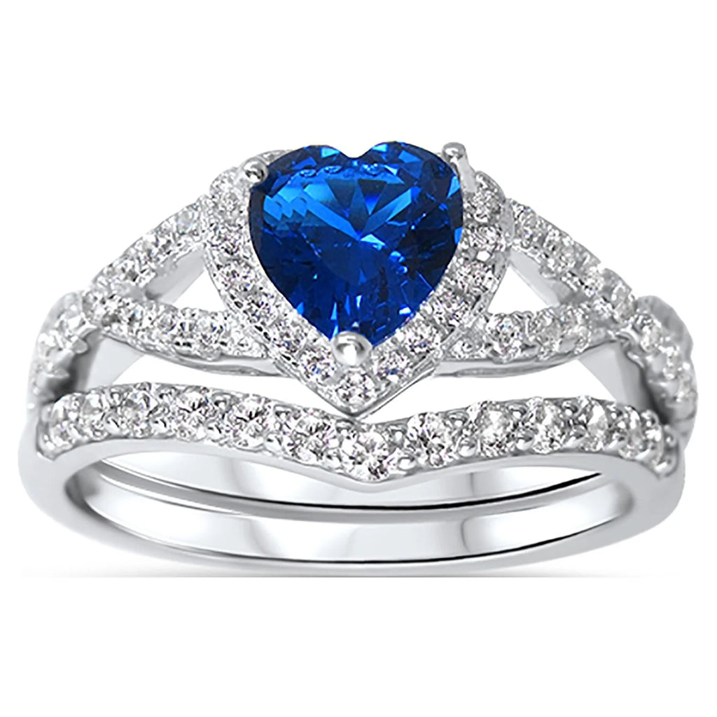 Sterling Blue Sapphire CZ Bridal Wedding Band Engagement Ring Set N68574